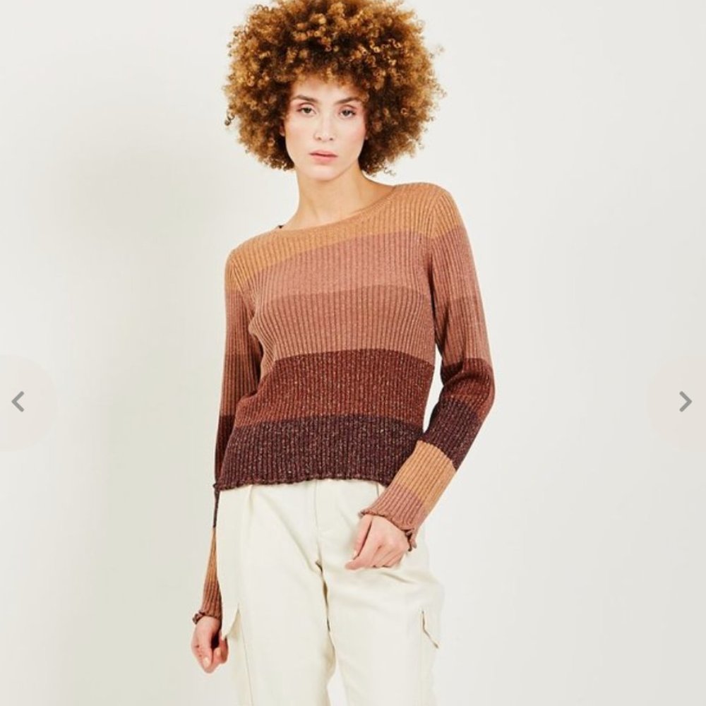 Striped Ribbed Knit Sweater - Brown Multi